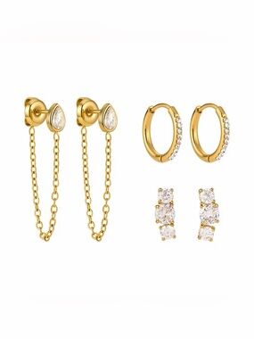 3 Pairs | 18K Gold Plated Cubic Zirconia Earrings Set